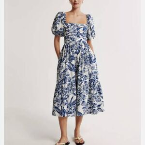 Abercrombie & Fitch Emerson Poplin Puff Sleeve Midi Dress Large Tall Blue Floral